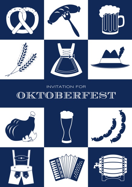 Bavarian online invitation template with classic Oktoberfest pretzels, beer, lederhosen images. Navy.