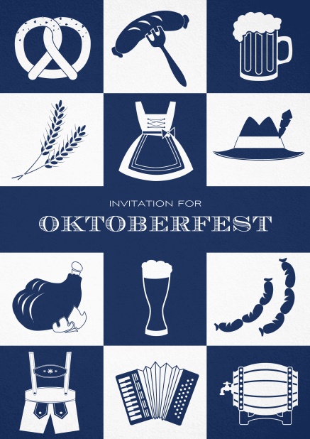 Bavarian invitation template with classic Oktoberfest pretzels, beer, lederhosen images. Navy.