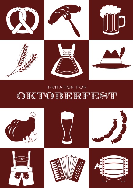 Bavarian online invitation template with classic Oktoberfest pretzels, beer, lederhosen images. Red.
