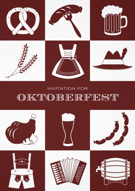 Bavarian invitation template with classic Oktoberfest pretzels, beer, lederhosen images. Red.