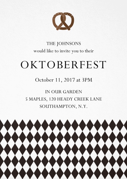 Oktoberfest invitation card with pretzel and bavarian flag Black.