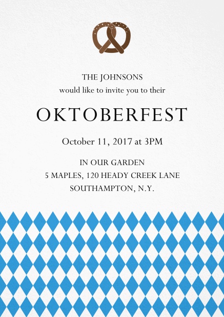 Oktoberfest invitation card with pretzel and bavarian flag Blue.