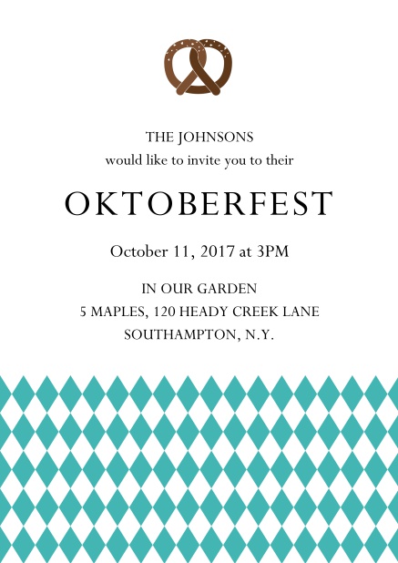 Online Oktoberfest invitation card with pretzel and bavarian flag Green.
