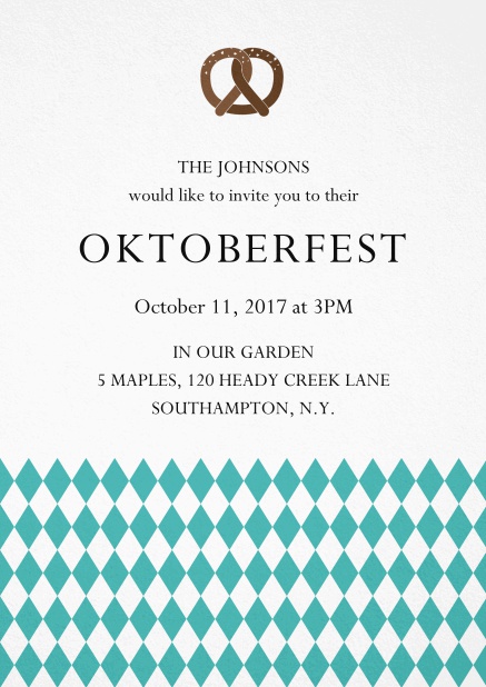 Oktoberfest invitation card with pretzel and bavarian flag Green.