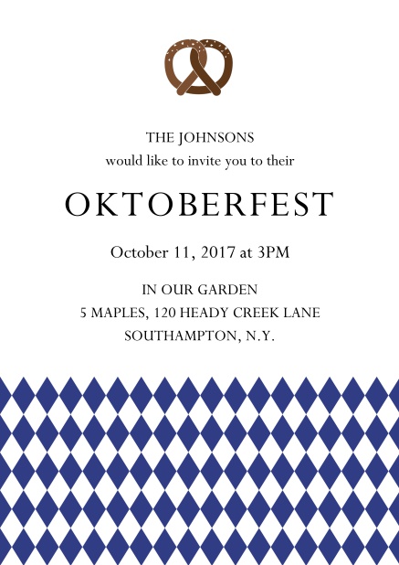 Online Oktoberfest invitation card with pretzel and bavarian flag Navy.