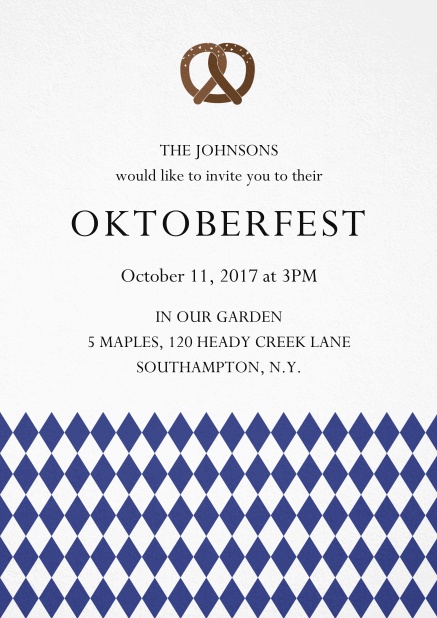 Oktoberfest invitation card with pretzel and bavarian flag Navy.
