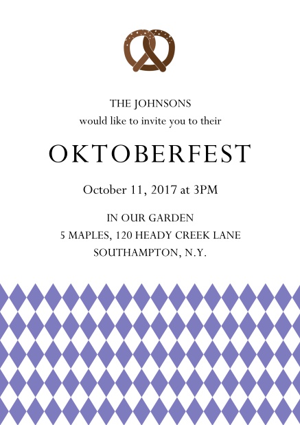 Online Oktoberfest invitation card with pretzel and bavarian flag Purple.
