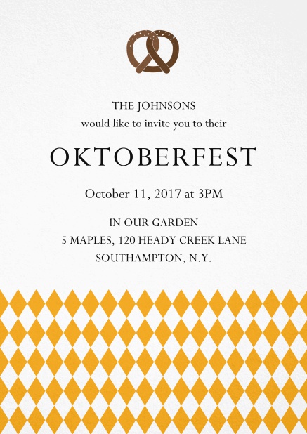 Oktoberfest invitation card with pretzel and bavarian flag Yellow.