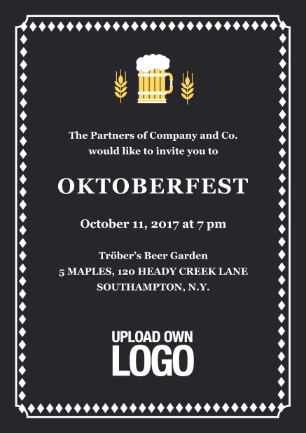Hops and Beer - Black - Bavarian Classic tracht Online invitation card with hops and beer illustrations. Black.