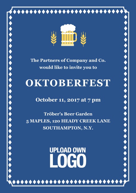 Hops and Beer - Blue - Bavarian Classic tracht Online invitation card with hops and beer illustrations. Blue.