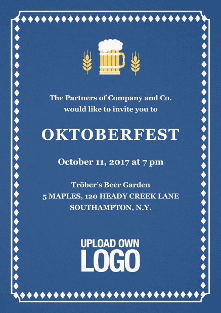 Hops and Beer - Blue - Bavarian Classic tracht invitation card with hops and beer illustrations. Blue.