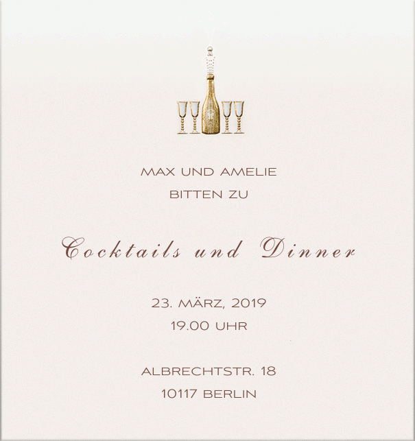 Animierte Online Einladung mit Champagneflasche, die knallt und Glässer füllt.