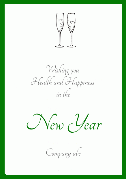 Animated paperless Happy New Year card with Champagne glasses nudging Green.