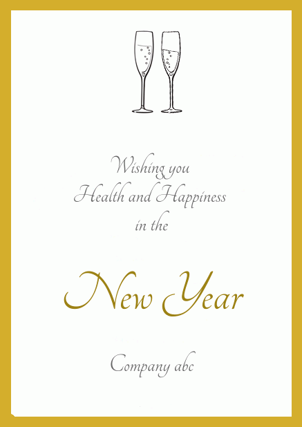 Animated paperless Happy New Year card with Champagne glasses nudging Yellow.