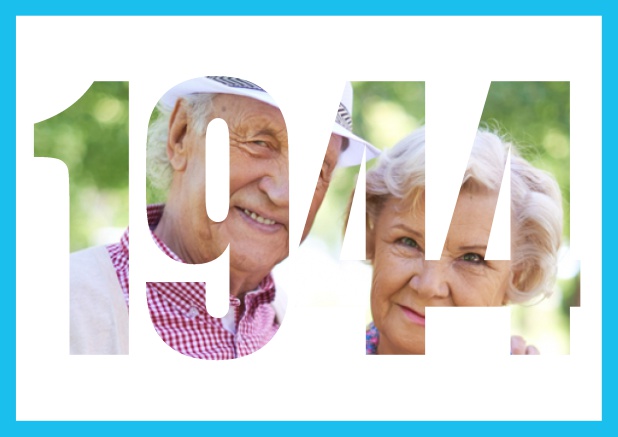 Online Einladungskarte mit ausgeschnittener 1944 für eigenes Foto für alle, die 1944 geboren sind. Blau.