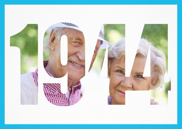 Einladungskarte für alle, die 1944 geboren sind mit ausgeschnittener 1944 für eigenes Foto. Blau.