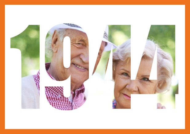 Online Einladungskarte mit ausgeschnittener 1944 für eigenes Foto für alle, die 1944 geboren sind. Orange.