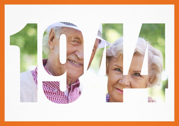 Einladungskarte für alle, die 1944 geboren sind mit ausgeschnittener 1944 für eigenes Foto. Orange.