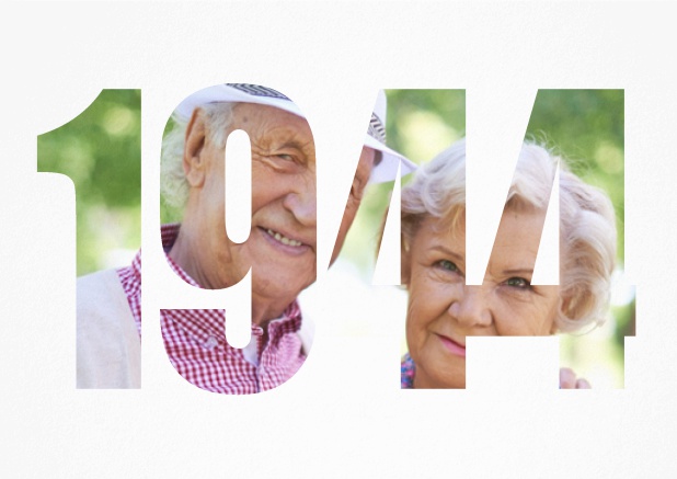 Einladungskarte für alle, die 1944 geboren sind mit ausgeschnittener 1944 für eigenes Foto. Weiss.