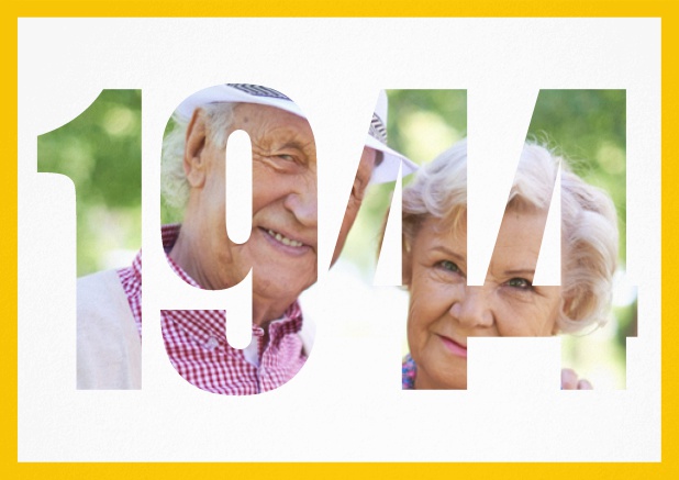 Einladungskarte für alle, die 1944 geboren sind mit ausgeschnittener 1944 für eigenes Foto. Gelb.