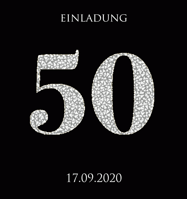 Animierte papierlose Einladungskarte zum 50. Jubiläum mit funkelnden Mosaiksteinen in Silber. Schwarz.