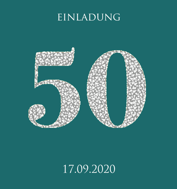 Animierte papierlose Einladungskarte zum 50. Jubiläum mit funkelnden Mosaiksteinen in Silber. Grün.