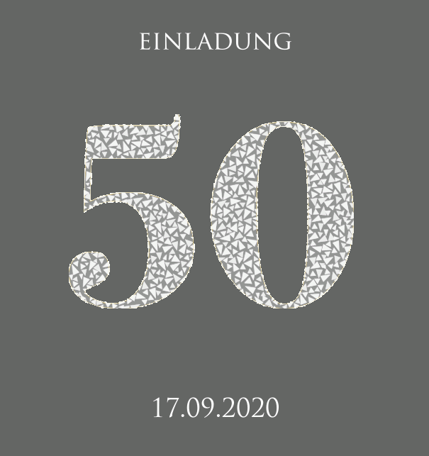 Animierte papierlose Einladungskarte zum 50. Jubiläum mit funkelnden Mosaiksteinen in Silber. Grau.