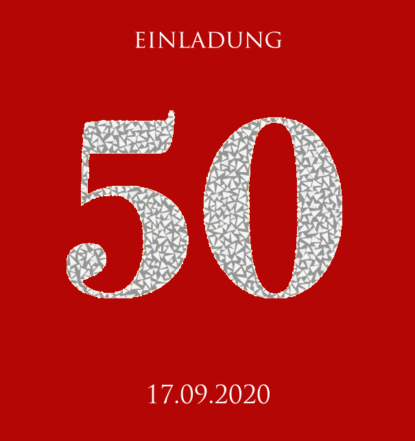 Animierte papierlose Einladungskarte zum 50. Jubiläum mit funkelnden Mosaiksteinen in Silber. Rot.
