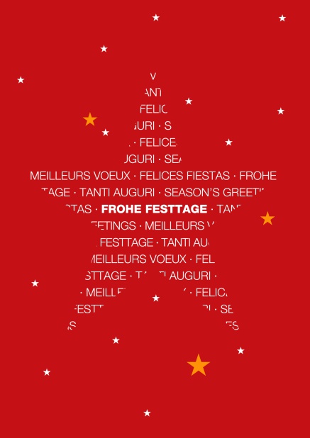 Online Rote Weihnachtskarte mit großem Stern gestaltet aus Frohes Fest in verschiedenen Sprachen.