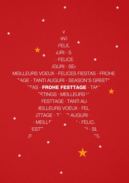 Rote Weihnachtskarte mit großem Stern gestaltet aus Frohes Fest in verschiedenen Sprachen.