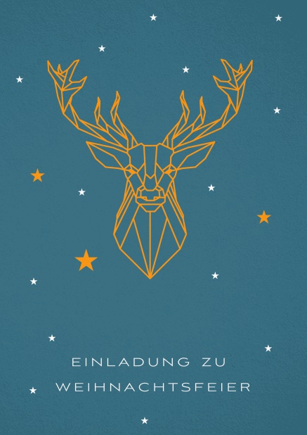 Einladungskarte zur Weihnachtsfeier mit goldenem Rentier als Sternbild.