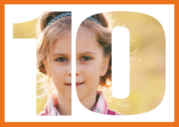 Online Einladungskarte zum 10. Geburtstag in Querformat mit ausgeschnittener 10 für eigenes Foto Orange.