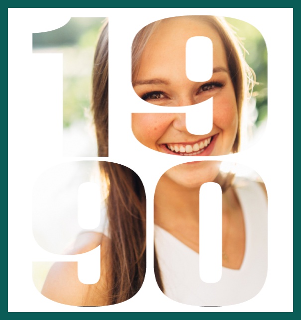 Born in 1990 large - Green - 30th Anniversary Online invitation card with cut out 1990 for own photo, great for 30th Birthday invitations Green.