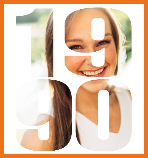 Born in 1990 large - Orange - 30th Anniversary Online invitation card with cut out 1990 for own photo, great for 30th Birthday invitations Orange.