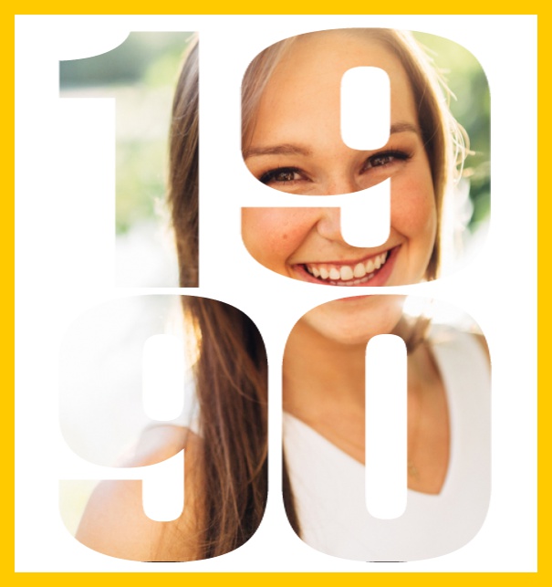 Born in 1990 large - Yellow - 30th Anniversary Online invitation card with cut out 1990 for own photo, great for 30th Birthday invitations Yellow.