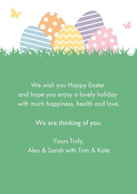 Send virtual Easter wishes with this great Easter card with colorful Easter eggs hidden in grass.