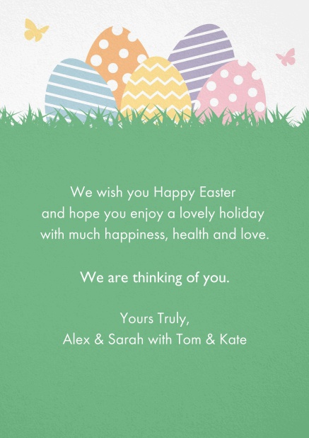 Send Easter wishes with this great Easter card with colorful Easter eggs hidden in grass.