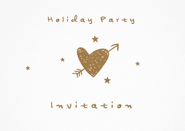 Holiday party invitation card with golden heart and arrow.