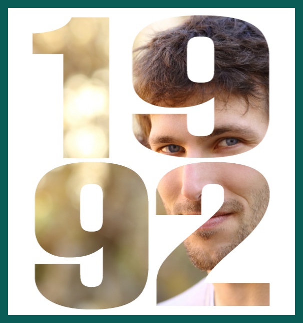 Born 1992 - Green - 30th Birthday Online invitation card with own photo option behind a cut our 1992 Green.