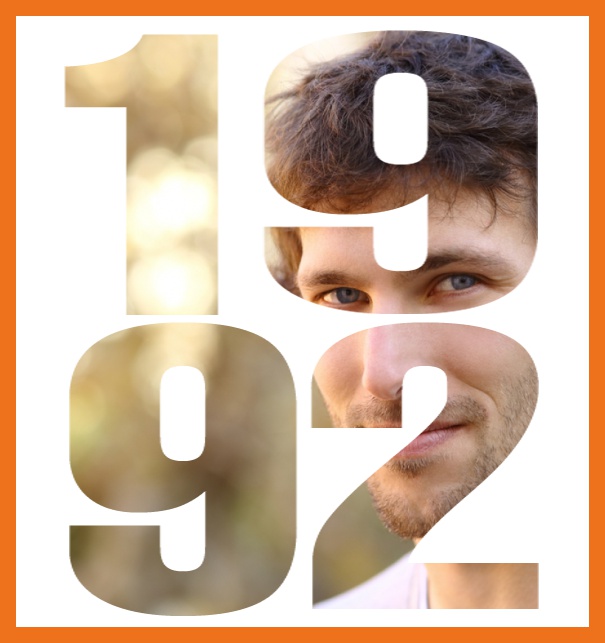 Born 1992 - Orange - 30th Birthday Online invitation card with own photo option behind a cut our 1992 Orange.