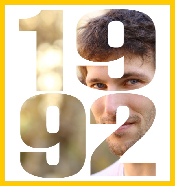 Born 1992 - Yellow - 30th Birthday Online invitation card with own photo option behind a cut our 1992 Yellow.