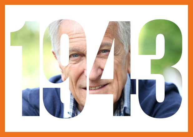 1943 geboren quer - Orange - 80. Geburtstag Online Einladungskarte mit ausgeschnittener Zahl 1943 Orange.