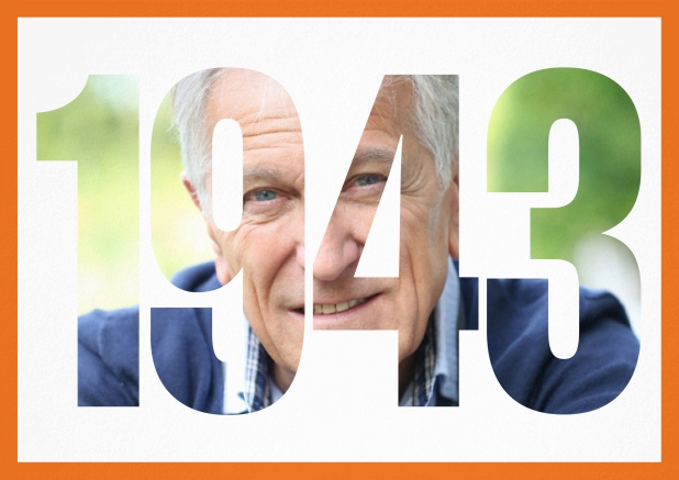 1943 geboren quer - Orange - 80. Geburtstag Einladungskarte mit ausgeschnittener Zahl 1943 Orange.