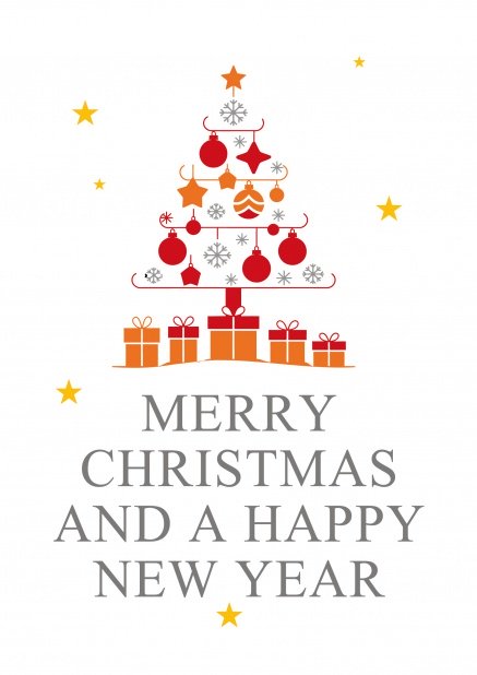 White Holiday Card with Christmas trees our of ornaments and presents at the bottom