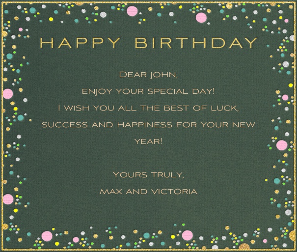 Green Birthday Card with Colorful Dot Frame and Happy Birthday Header.