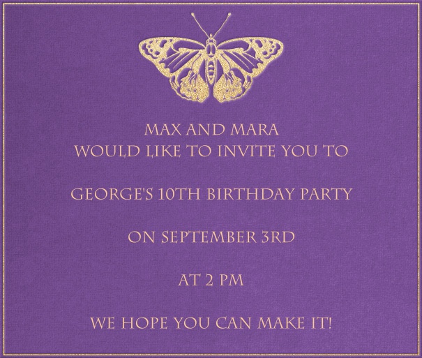 Purple card with golden frame, golden Butterfly and matching fonts, which can be customized for online invitations