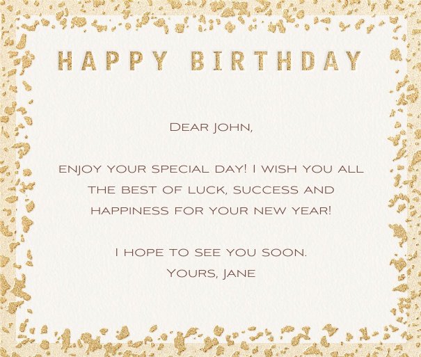 White Birthday Card with Gold Flake Frame and Happy Birthday Header.