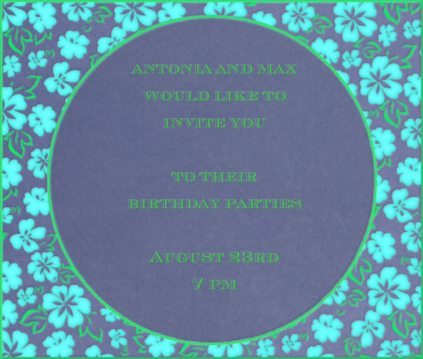 blue spring square format invitation card with turqouise flower frame in circle form. Including designed Adage and Market text in white and green.