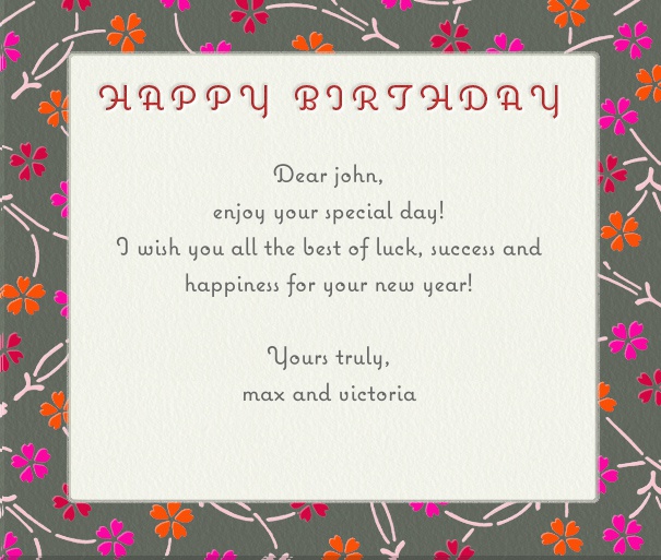 White Birthday Card with Grey Floral Frame and Happy Birthday Header.