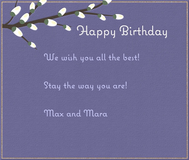 Blue Birthday Card with Spring Branch and Happy Birthday Header.